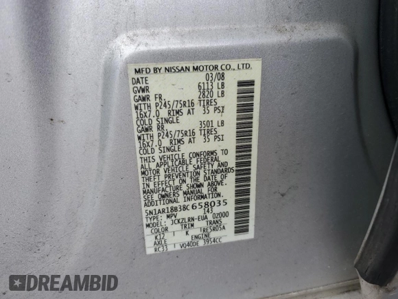 2008 Nissan Pathfinder SE with VIN 5N1AR18B38C658035, listed as a Copart auction lot 48280825 with Not provided miles and Clean title. Bid and sale history available at DreamBid. Image 13.