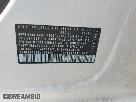 2014 Volkswagen Jetta TDI w/Premium z VIN 3VWLL7AJ6EM421646, wystawiony jako Copart lot #59305895 z przebiegiem Nie podano mil oraz Szkoda całkowita • Salvage title. Historia ofert i sprzedaży dostępna na DreamBid. Obrazek 12.
