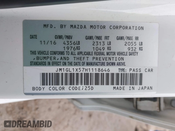 2017 Mazda 6 Grand Touring with VIN JM1GL1X57H1118646, listed as a IAAI auction lot 41896459 with 105,768 mi miles and . Bid and sale history available at carsss.com. Image 9.