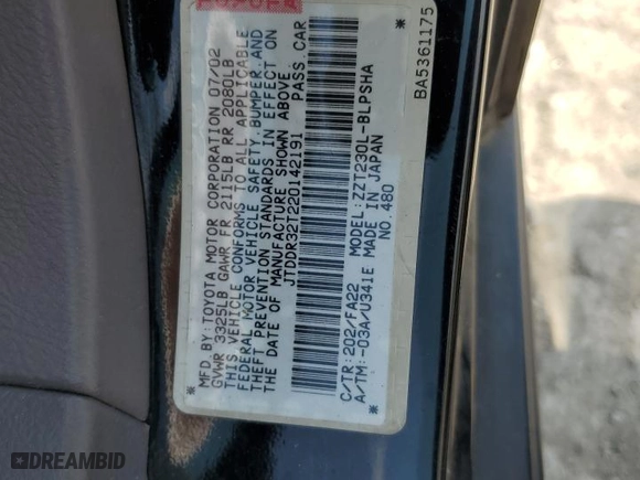 2002 Toyota Celica GT with VIN JTDDR32T220142191, listed as a Copart auction lot 56400014 with NaN miles and Salvage Title. Bid and sale history available at carsss.com. Image 13.