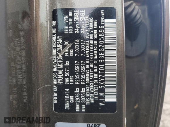 2014 Hyundai Santa Fe с VIN 5XYZTDLB3EG205896, выставлен на аукционе Copart как лот 56800995 с пробегом 147 175 миль миль и Чистый • Clean title. История ставок и продаж доступна на DreamBid. Изображение 13.