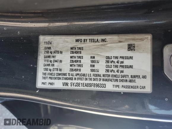 2025 Tesla Model 3 Long Range with VIN 5YJ3E1EA8SF896333, listed as a Copart auction lot 61876445 with 5,690 mi miles and Salvage title. Bid and sale history available at DreamBid. Image 12.