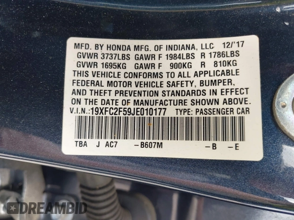 2018 Honda Civic Sedan LX with VIN 19XFC2F59JE010177, listed as a IAAI auction lot 42009728 with 91,404 mi miles. Bid and sale history available at carsss.com. Image 9.