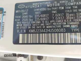 2017 Hyundai Tucson SE with VIN KM8J23A42HU508083, listed as a IAAI auction lot 41924093 with 94,366 mi miles and . Bid and sale history available at DreamBid. Image 9.