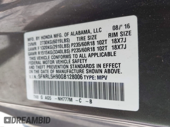 2016 Honda Odyssey Touring Elite with VIN 5FNRL5H90GB128006, listed as a IAAI auction lot 41695438 with 133,337 mi miles. Bid and sale history available at carsss.com. Image 9.