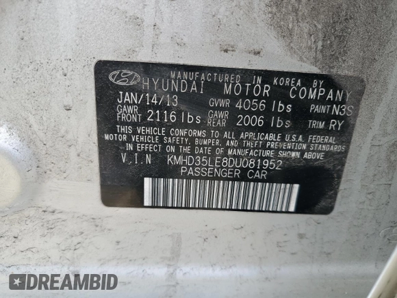 2013 Hyundai Elantra GT with VIN KMHD35LE8DU081952, listed as a Copart auction lot 52579755 with 188,129 mi miles and Salvage Title. Bid and sale history available at carsss.com. Image 14.