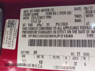 2017 Ford Escape SE z VIN 1FMCU0GD9HUF01849, wystawiony jako IAAI lot #42410230 z przebiegiem 177 423 mil mil oraz . Historia ofert i sprzedaży dostępna na DreamBid. Obrazek 9.