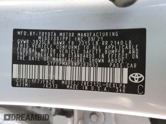 2022 Toyota Corolla LE with VIN 5YFEPMAEXNP283653, listed as a Copart auction lot 49396525 with 70,501 mi miles and Clean Title. Bid and sale history available at carsss.com. Image 12.