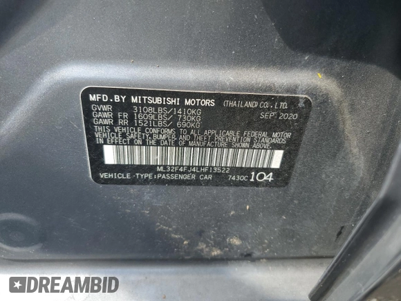 2020 Mitsubishi Mirage SE z VIN ML32F4FJ4LHF13522, wystawiony jako Copart lot #51073075 z przebiegiem 61 452 mil mil oraz Nie do naprawy. Historia ofert i sprzedaży dostępna na DreamBid. Obrazek 12.