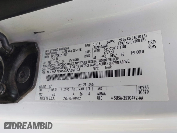2016 Ford F-150 XL with VIN 1FTMF1C85GFA89028, listed as a IAAI auction lot 42118013 with 146,449 mi miles and . Bid and sale history available at DreamBid. Image 9.