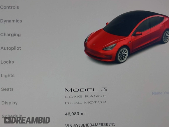2021 Tesla Model 3 Long Range with VIN 5YJ3E1EB4MF936743, listed as a IAAI auction lot 42154322 with 46,983 mi miles and . Bid and sale history available at DreamBid. Image 15.