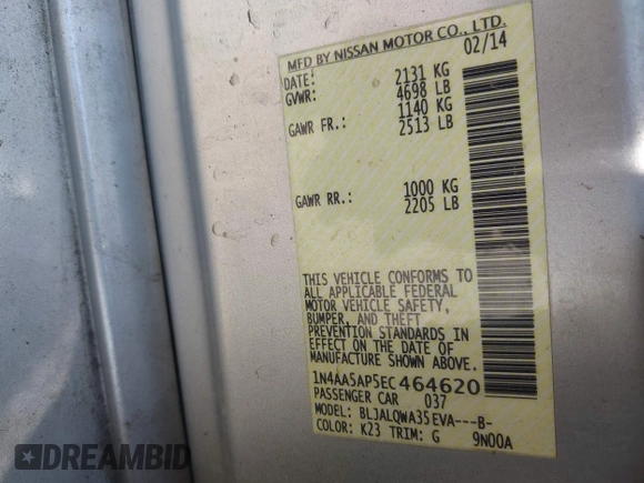 2014 Nissan Maxima SV with VIN 1N4AA5AP5EC464620, listed as a IAAI auction lot 42267412 with 147,129 mi miles and . Bid and sale history available at DreamBid. Image 9.