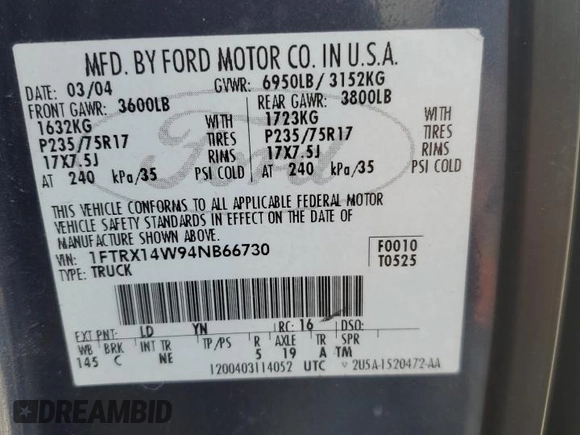 2004 Ford F-150 STX with VIN 1FTRX14W94NB66730, listed as a Copart auction lot 58402625 with 119,841 mi miles and Clean title. Bid and sale history available at DreamBid. Image 12.