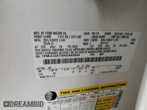 2019 Ford Expedition Limited with VIN 1FMJU2ATXKEA80924, listed as a Copart auction lot 56537255 with 111,046 mi miles and Salvage title. Bid and sale history available at DreamBid. Image 13.