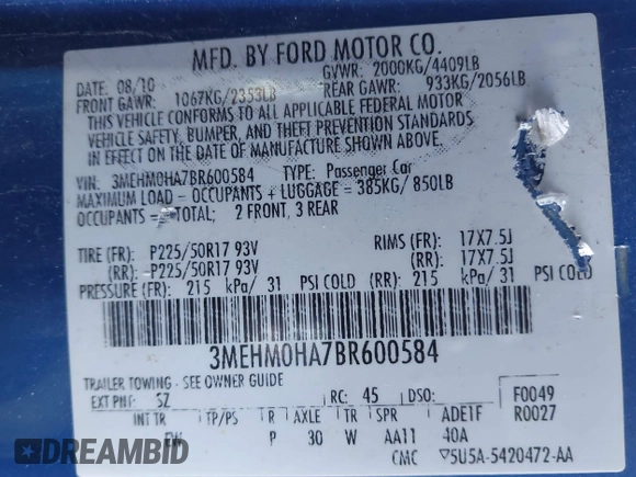 2011 Mercury Milan with VIN 3MEHM0HA7BR600584, listed as a IAAI auction lot 41456543 with 190,740 mi miles. Bid and sale history available at carsss.com. Image 9.