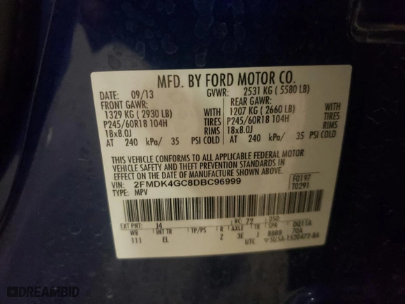 2013 Ford Edge SE with VIN 2FMDK4GC8DBC96999, listed as a Copart auction lot 50939595 with 130,766 mi miles and Salvage Title. Bid and sale history available at carsss.com. Image 13.