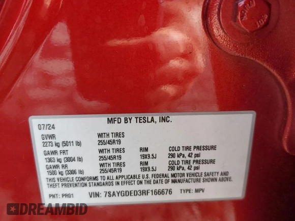 2024 Tesla Model Y с VIN 7SAYGDED3RF166676, выставлен на аукционе Copart как лот 60792165 с пробегом 22 445 миль миль и Списание • Salvage title. История ставок и продаж доступна на DreamBid. Изображение 13.