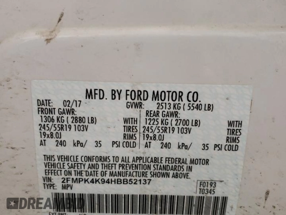 2017 Ford Edge Titanium with VIN 2FMPK4K94HBB52137, listed as a Copart auction lot 41884255 with 0 mi miles and Salvage Title. Bid and sale history available at carsss.com. Image 15.