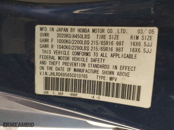 2005 Honda CR-V LX with VIN JHLRD68565C010765, listed as a IAAI auction lot 41843854 with 248,201 mi miles. Bid and sale history available at carsss.com. Image 9.