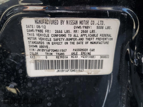 2013 Infiniti M37 with VIN JN1BY1AP7DM511547, listed as a Copart auction lot 52928405 with 116,278 mi miles and Salvage Title. Bid and sale history available at carsss.com. Image 12.