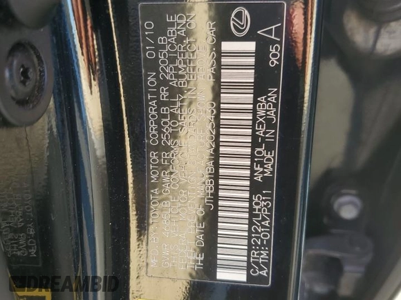 2010 Lexus HS 250h with VIN JTHBB1BA1A2025430, listed as a Copart auction lot 76348384 with 361,121 mi miles and Clean Title. Bid and sale history available at DreamBid. Image 12.