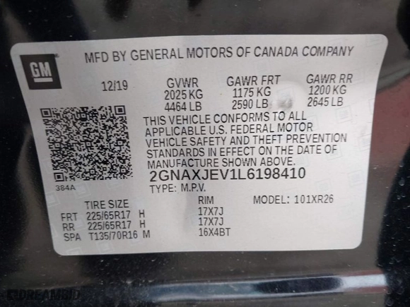 2020 Chevrolet Equinox LT with VIN 2GNAXJEV1L6198410, listed as a IAAI auction lot 41618359 with 68,216 mi miles. Bid and sale history available at carsss.com. Image 9.