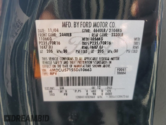 2005 Mercury Mariner Luxury z VIN 4M2CU57155DJ10663, wystawiony jako Copart lot #49102695 z przebiegiem 122 025 mil mil oraz Nie do naprawy. Historia ofert i sprzedaży dostępna na DreamBid. Obrazek 13.