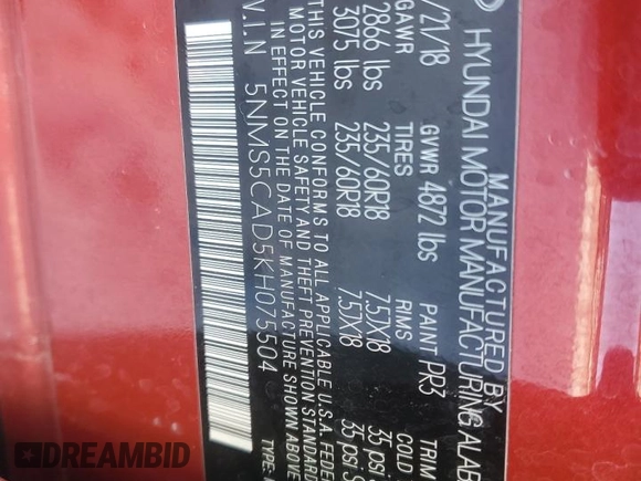 2019 Hyundai Santa Fe Limited with VIN 5NMS5CAD5KH075504, listed as a Copart auction lot 45567185 with 84,029 mi miles and Salvage Title. Bid and sale history available at carsss.com. Image 14.