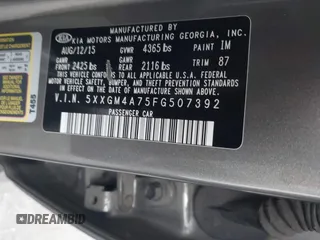 2015 Kia Optima LX with VIN 5XXGM4A75FG507392, listed as a IAAI auction lot 41889228 with 133,460 mi miles. Bid and sale history available at carsss.com. Image 9.