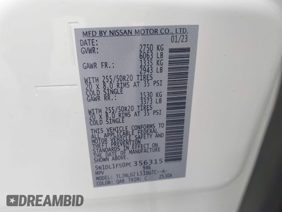 2023 Infiniti QX60 Luxe with VIN 5N1DL1FS0PC356315, listed as a IAAI auction lot 42177668 with 30,690 mi miles and . Bid and sale history available at DreamBid. Image 9.