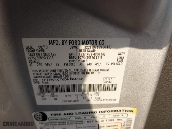 2013 Ford F-150 XL with VIN 1FTFW1CT0DKF64892, listed as a IAAI auction lot 41678569 with 241,382 mi miles. Bid and sale history available at carsss.com. Image 9.