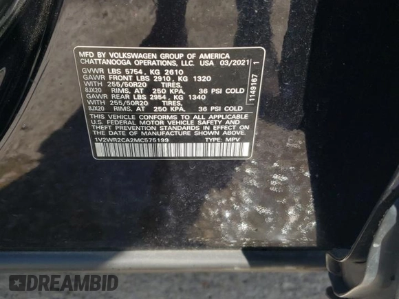 2021 Volkswagen Atlas SE with VIN 1V2WR2CA2MC575199, listed as a Copart auction lot 54933665 with 101,709 mi miles and Salvage title. Bid and sale history available at DreamBid. Image 13.