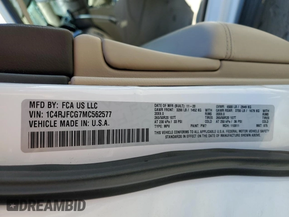 2021 Jeep Grand Cherokee High Altitude with VIN 1C4RJFCG7MC562577, listed as a Copart auction lot 54121145 with 37,617 mi miles and Salvage title. Bid and sale history available at DreamBid. Image 13.
