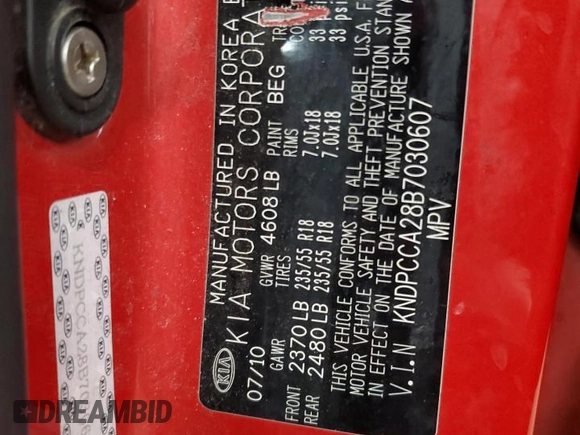 2011 Kia Sportage EX with VIN KNDPCCA28B7030607, listed as a Copart auction lot 51502785 with 200,855 mi miles and Salvage title. Bid and sale history available at DreamBid. Image 13.