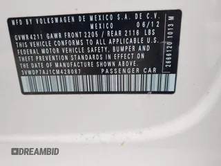2012 Volkswagen Jetta SE z VIN 3VWDP7AJ1CM428087, wystawiony jako IAAI lot #42140247 z przebiegiem 154 454 mil mil oraz . Historia ofert i sprzedaży dostępna na DreamBid. Obrazek 9.