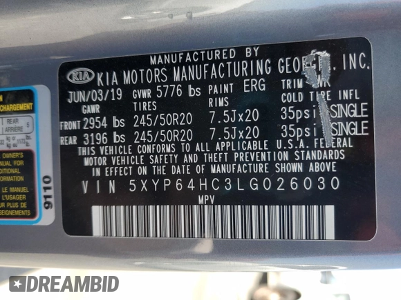 2020 Kia Telluride S z VIN 5XYP64HC3LG026030, wystawiony jako Copart lot #60929875 z przebiegiem 77 338 mil mil oraz Szkoda całkowita • Salvage title. Historia ofert i sprzedaży dostępna na DreamBid. Obrazek 14.