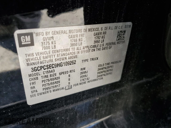 2017 Chevrolet Silverado 1500 LTZ with VIN 3GCPCSEC9HG109262, listed as a Copart auction lot 51075535 with 188,216 mi miles and Salvage Title. Bid and sale history available at DreamBid. Image 12.