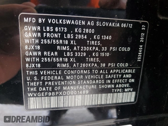 2013 Volkswagen Touareg Lux with VIN WVGEF9BPXDD001489, listed as a Copart auction lot 55898945 with 96,477 mi miles and Clean Title. Bid and sale history available at DreamBid. Image 12.