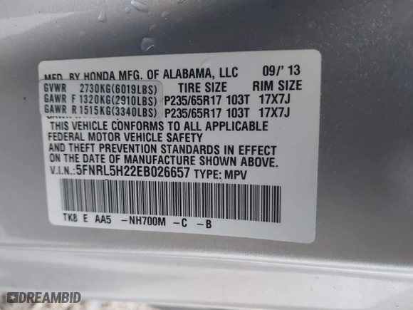 2014 Honda Odyssey LX with VIN 5FNRL5H22EB026657, listed as a IAAI auction lot 41114634 with 132,125 mi miles. Bid and sale history available at carsss.com. Image 9.