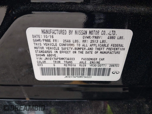 2017 Infiniti Q50 Premium with VIN JN1EV7AP5HM734023, listed as a IAAI auction lot 42118545 with 149,536 mi miles and . Bid and sale history available at DreamBid. Image 9.