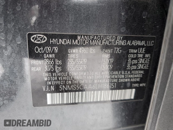 2020 Hyundai Santa Fe Limited with VIN 5NMS5CAA6LH186151, listed as a Copart auction lot 41838225 with 68,075 mi miles and Salvage Title. Bid and sale history available at carsss.com. Image 16.