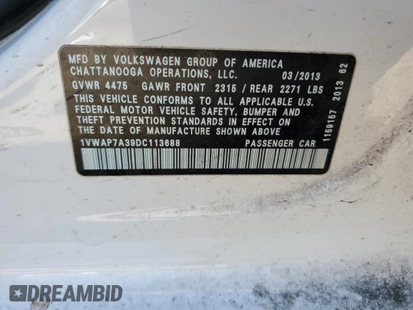 2013 Volkswagen Passat S с VIN 1VWAP7A39DC113688, выставлен на аукционе Copart как лот 55616515 с пробегом 248 651 миль миль и Списание • Salvage title. История ставок и продаж доступна на DreamBid. Изображение 12.