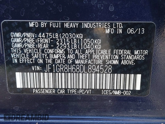 2013 Subaru WRX WRX STI с VIN JF1GR8H68DL894528, выставлен на аукционе IAAI как лот 41829942 с пробегом 129 785 миль миль и . История ставок и продаж доступна на DreamBid. Изображение 9.