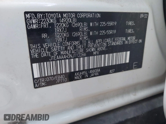 2022 Toyota Venza LE with VIN JTEAAAAH3NJ112266, listed as a IAAI auction lot 41760200 with 47,251 mi miles and . Bid and sale history available at DreamBid. Image 9.