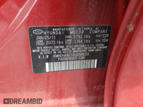 2011 Hyundai Elantra GLS with VIN KMHDH4AE1BU098653, listed as a Copart auction lot 61026235 with 142,046 mi miles and Clean title. Bid and sale history available at DreamBid. Image 12.