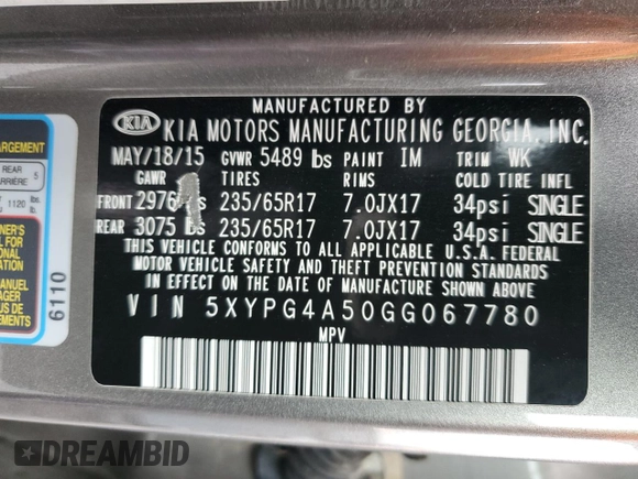 2016 Kia Sorento LX with VIN 5XYPG4A50GG067780, listed as a Copart auction lot 43648175 with 116,972 mi miles and Clean Title. Bid and sale history available at carsss.com. Image 13.