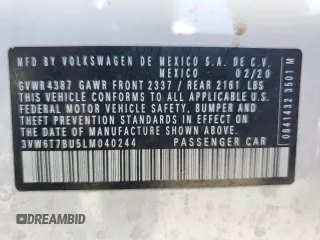 2020 Volkswagen Jetta GLI S z VIN 3VW6T7BU5LM040244, wystawiony jako Copart lot #58174335 z przebiegiem 21 392 mil mil oraz Szkoda całkowita • Salvage title. Historia ofert i sprzedaży dostępna na DreamBid. Obrazek 12.