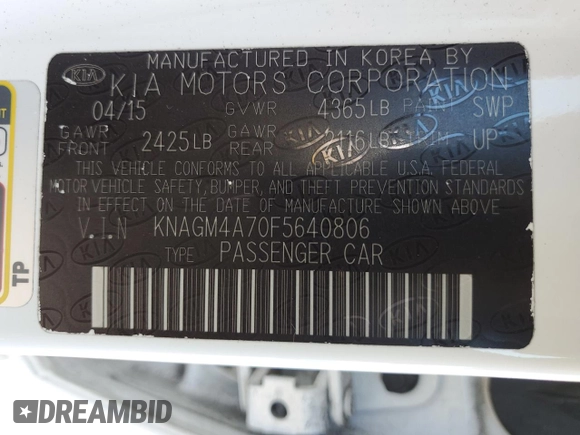 2015 Kia Optima LX with VIN KNAGM4A70F5640806, listed as a Copart auction lot 50364795 with 96,393 mi miles and Salvage Title. Bid and sale history available at carsss.com. Image 14.
