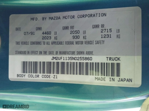 1992 Mazda B2200/B2600i Pickup 2WD with VIN JM2UF1135N0255860, listed as a IAAI auction lot 41523346 with NaN miles. Bid and sale history available at carsss.com. Image 9.