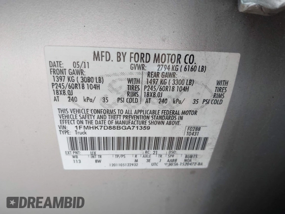 2011 Ford Explorer XLT with VIN 1FMHK7D88BGA71359, listed as a IAAI auction lot 42162122 with 171,530 mi miles and . Bid and sale history available at carsss.com. Image 9.